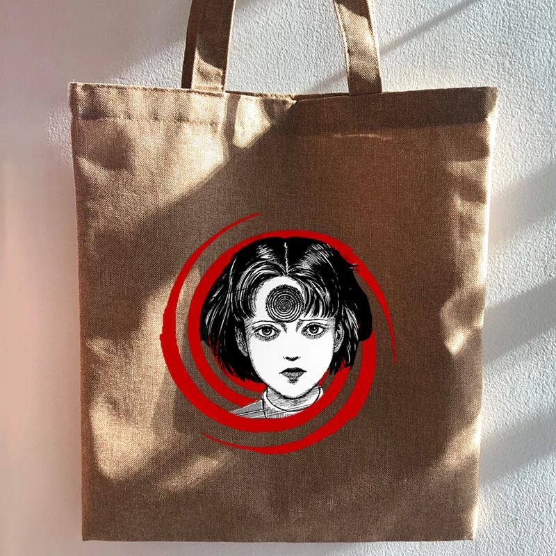 

Fashion Shopping Bag Linen Canvas Bag Handbag Casual Shoulder Bag Commuter Reusable Folding Japanese Junji Ito Printing Pattern