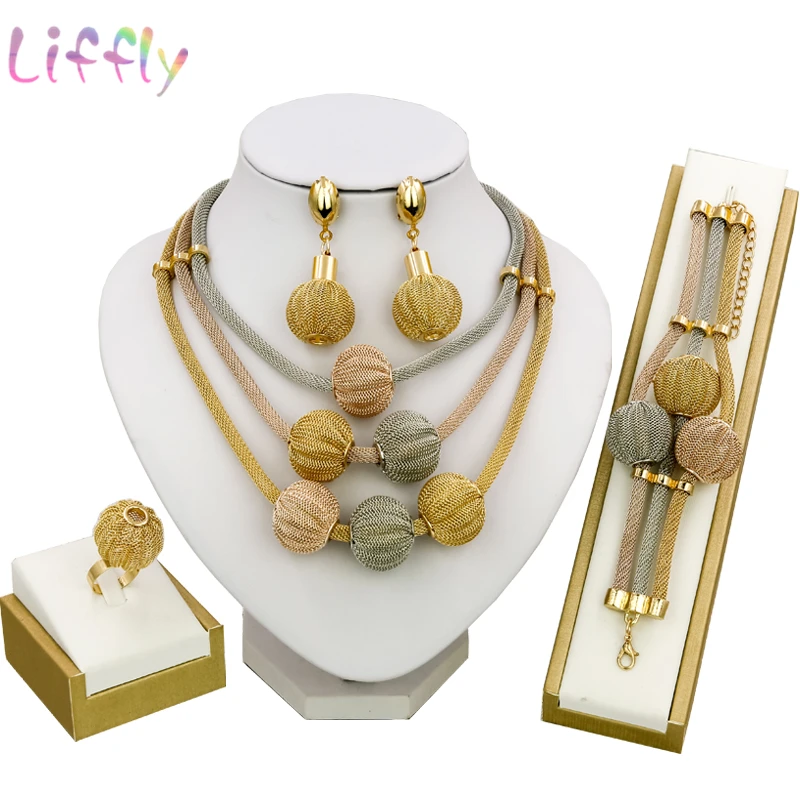 Jewelry Sets Liffly, Дубай, Золотые Ювелирные наборы для женщин, ожерелье, браслет, Шариковая форма, серьги, кольцо, Креативные Свадебные Ювелирные наборы для невесты - Окраска металла: Jewelry Sets