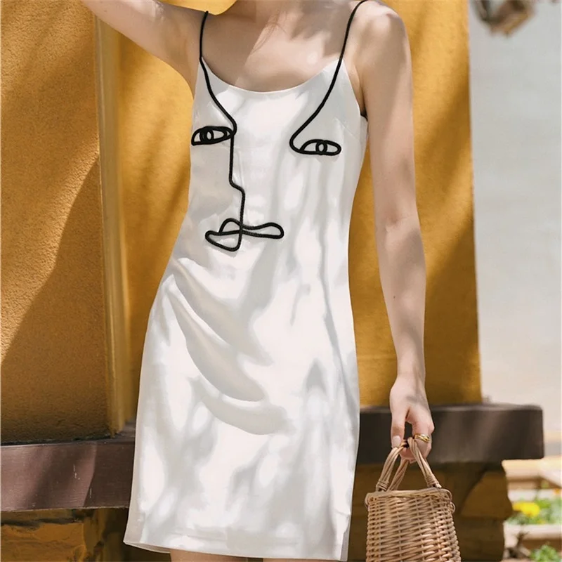ZXQJ Women 2021 Chic Fashion Design Minimalist Lines Abstract Art Suspenderhigh Mini Dress Vintage Sleeveless Female Dresses