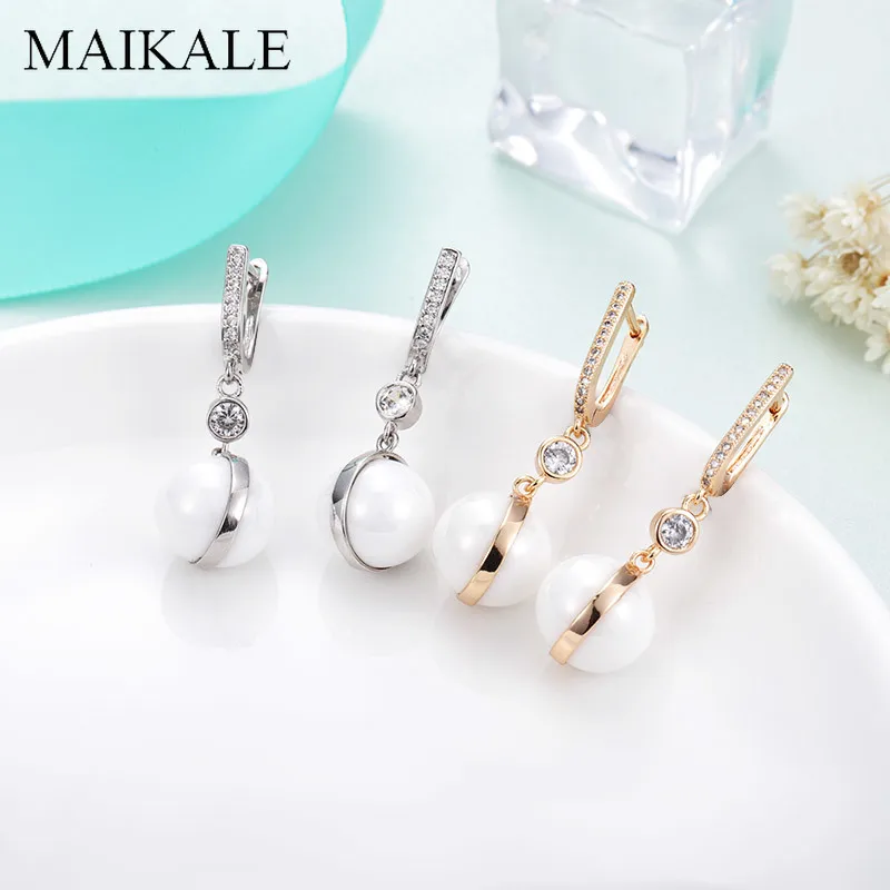 MAIKALE классические черные белые керамические шаровые серьги, проложенные круглый, кубический цирконий, золото, серебро цвет, длинные висячие серьги для женщин, подарок
