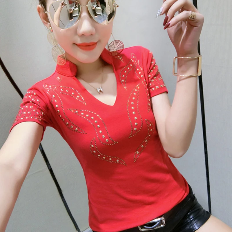 Европейские летние футболки с коротким рукавом женские тонкие Стразы заклепками