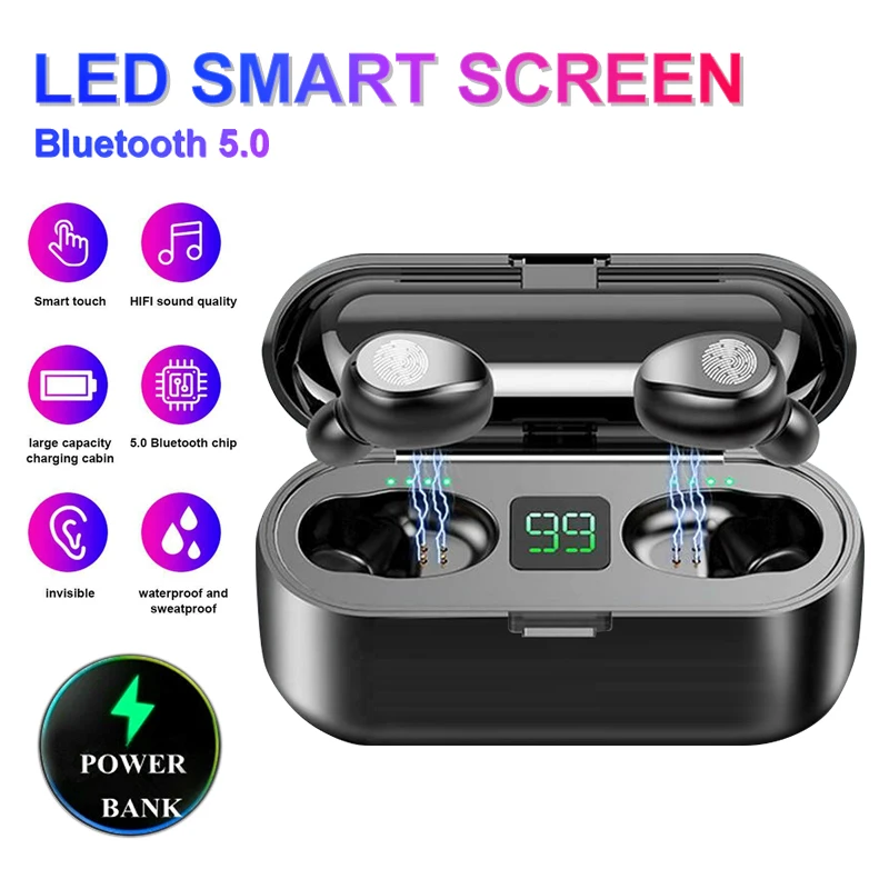 Беспроводные наушники Bluetooth 5 0 F9 TWS светодиодный дисплей с внешним аккумулятором