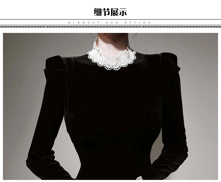 

Stand Neck Lace Patchwork Puff Sleeve Velvet Black Vestidos Knee-Length Bodycon Sheath Sexy Black Party Dresses