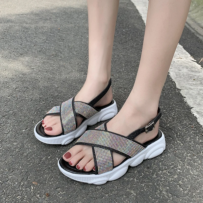 Прямая поставка женские сандалии стразы на плоской подошве платформе с