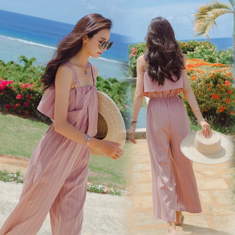 

Women Summer New Pink Striped Strap Jumpsuit One Piece Wide Leg Pants Sets High Waist Slim Casual Elegant Overalls 2021
