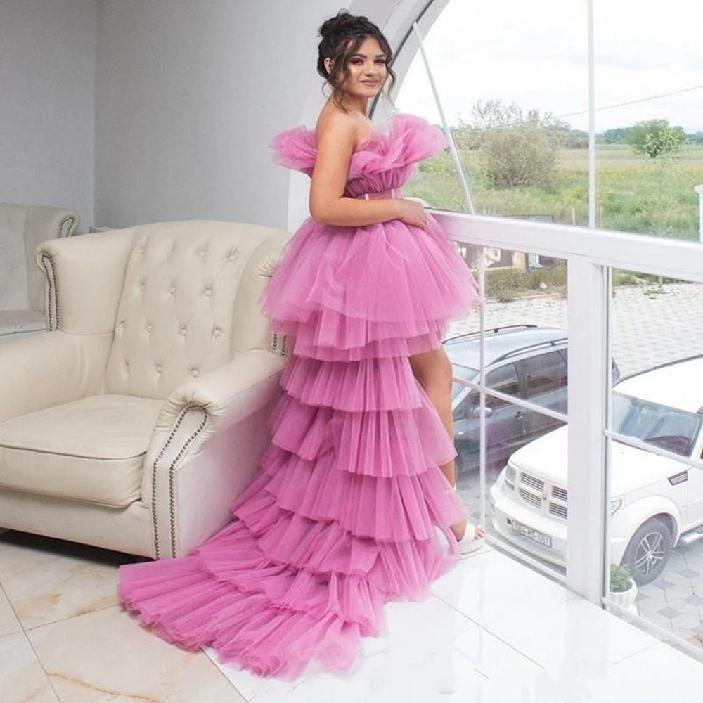 

A Line High Low Puffy Prom Dresses Ruched Strapless Tiered Tulle Tutu Skirts Cocktail Party Dress Evening Gowns robes de soiree