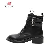 rosstyle handmade woman luxury ankle boots high quality genuine leather round toe think heel shoes solid buckle lace up boots
