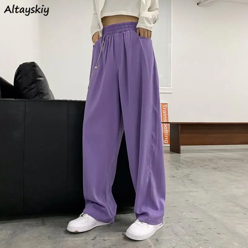 

Wide Leg Pants Women Harajuku Purple Chic High Street Basic Full Length Teens Casual Trouser Popular BF All-match Ladies Pant