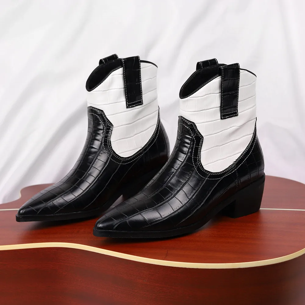 

2023 PU Leather Western Cowboy Boots Pointed Toe Cossacks Cowgirl Ankle Boots Thick Heel Botas Mujer Shoes Women Plus Size 33-43