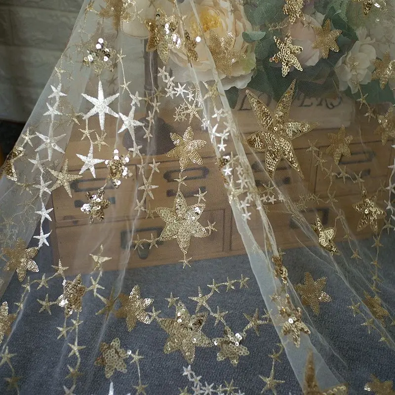 Кружевная ткань с блестками и пятиконечной звездой вышивкой сетчатая из пряжи