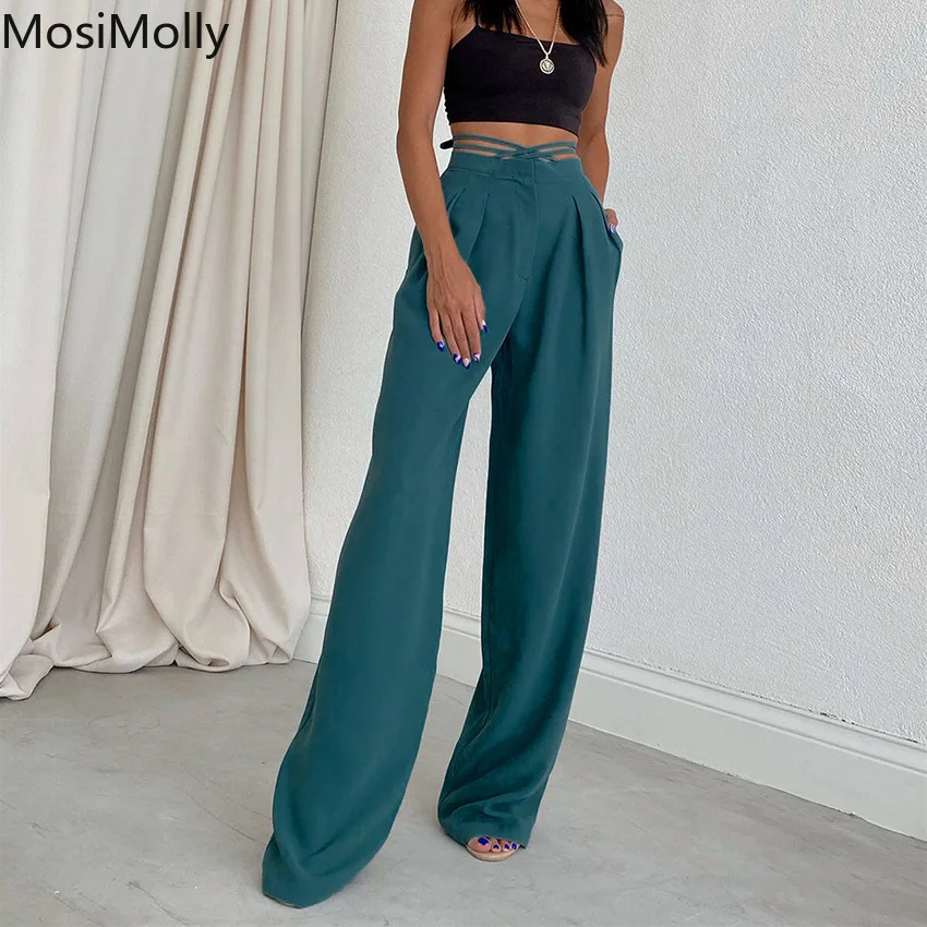 

MosiMolly Floor Length Pants Women 2021 AW Empire Waist Wide Leg Pants Female Bottom
