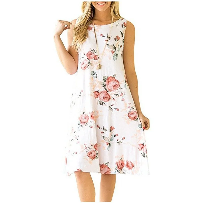 

Summer Dress Women Casual Plus Size Clothing Sleeveless Pullover Vintage Element Printed Pocket Big Swing Round Neck Vest Dress