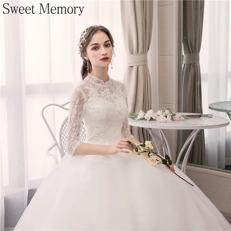 

Sweet Memory White Wedding Dress 2021 Bride Half Sleeve Embroidery Lace Up Long Wedding Dresses Women Vestido De Noiva Ball Gown