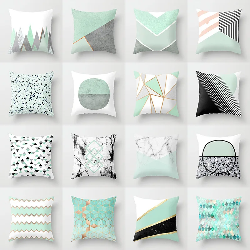 

Yaapeet 1pc Polyester Geometric Cushion Cover Marble Printed Square Cushion Decorative for Sofa Europe Green Cushion Cover
