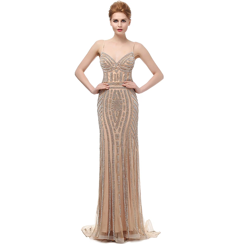 Champagne Robe De Soiree Вечерние платья Русалка Тюль Спагетти ремень открытая спина развертки бисером реальное изображение Выпускные платья LSX116 - Цвет: Champagne