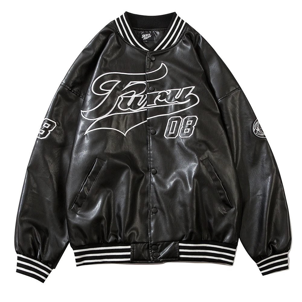 

Harajuku College Style Baseball Bomber Jackets PU Leather Hip Hop Casual Streetwear Patchwork Color Block Coats Outwear Men Tops