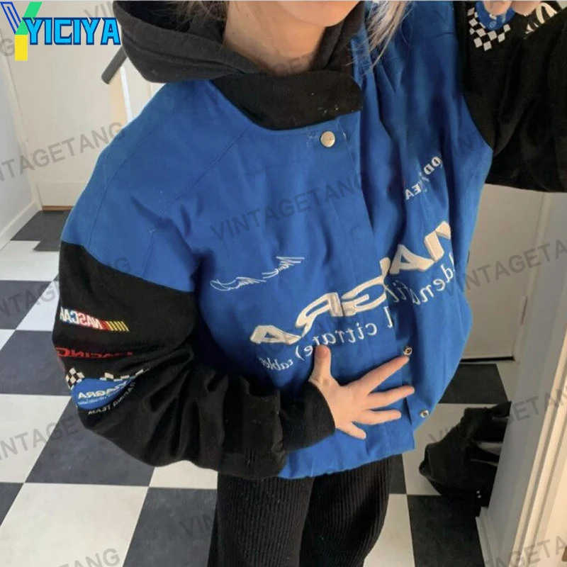 

American Vintage Jackets Retro Sea Blue Color Matching Letter Embroidery Baseball Uniform Jacket Female Tide Ins Jackets 2021