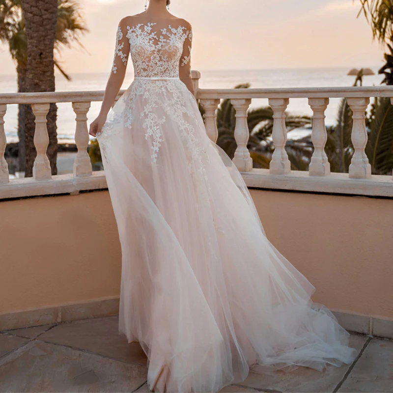 

2022 Tulle Wedding Dress Half Sleeves Lace Applique Wedding Long Gown Button Sexy Bridal Dress vestidos de casamento