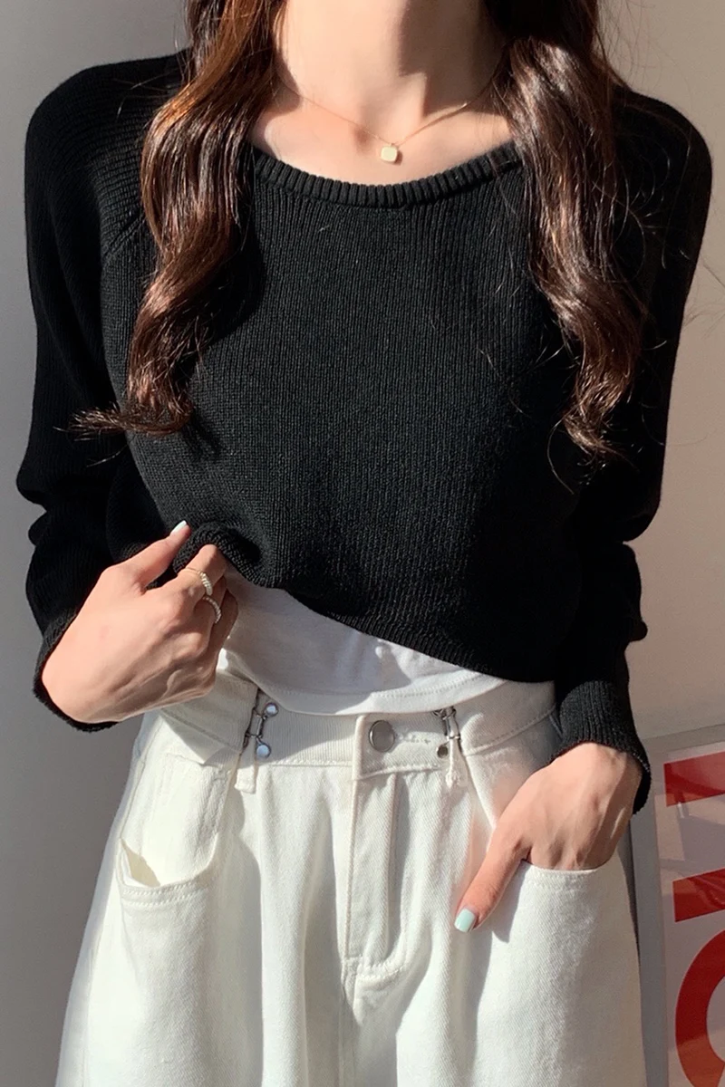 

Harajuku Korean version Exposed navel short loose Solid color temperament long-sleeve knitted 4-color pullover Top women traf