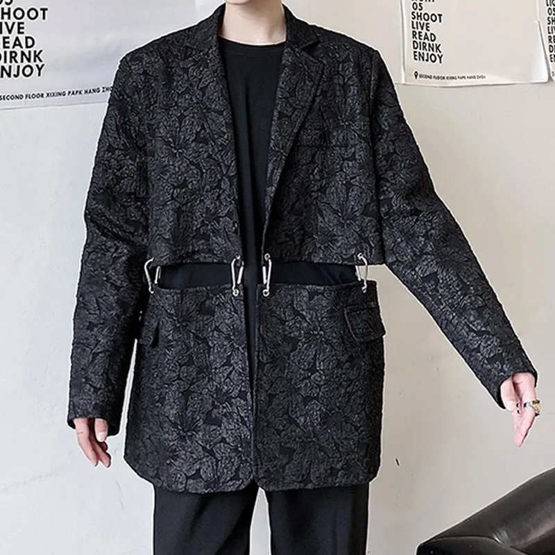 Blazers for Men Removable Hem Jacquard Fabric Loose Casual Suit Blazer Jacket Male Harajuku Streetwear Fashion Dress Suit Coat