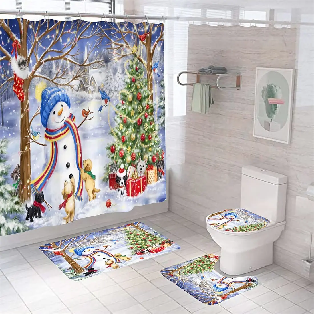 

Snowman with Blue Hat Print Shower Curtain Set Carpet Cover Toilet Cover Bathroom Mat Cushion Cover Bathroom Curtain Household