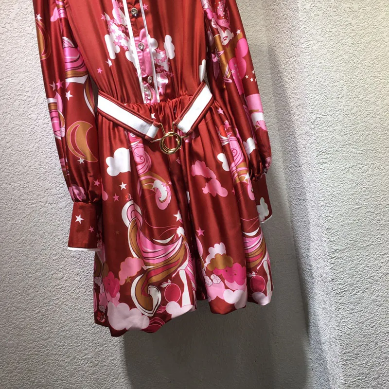 

2021 spring summer women printed turn down collar long sleeve dresses female bohemian belt mini dress vestido feminino y427