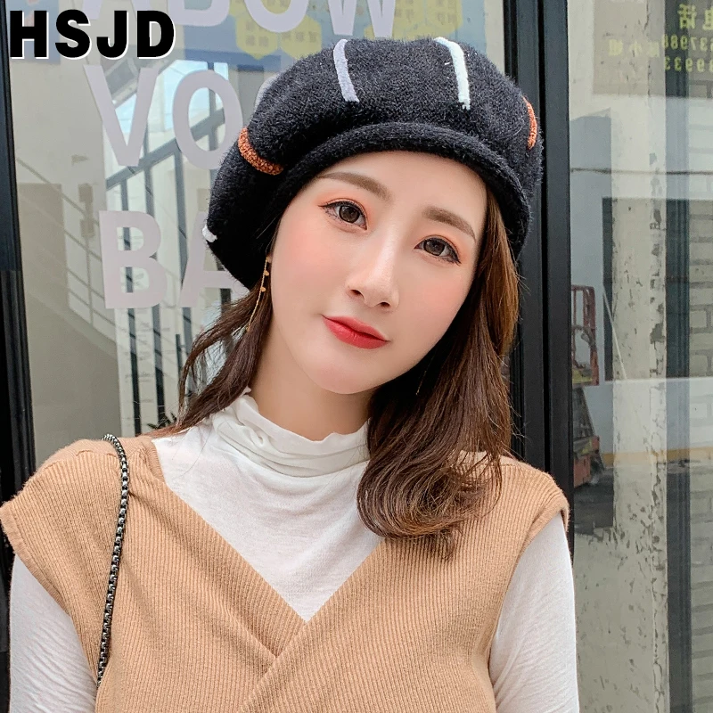 Шапка-бини Женская плюшевая теплая шапка-полосатый берет из смешанной норки