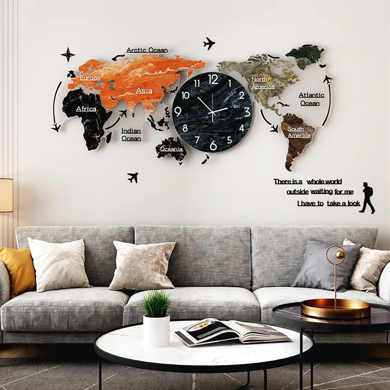 

Color Paiting Acrylic Large Wall Clock Creative World Map Wall Hanging Clock Silent Wall Watch For Home Living Room Decoration