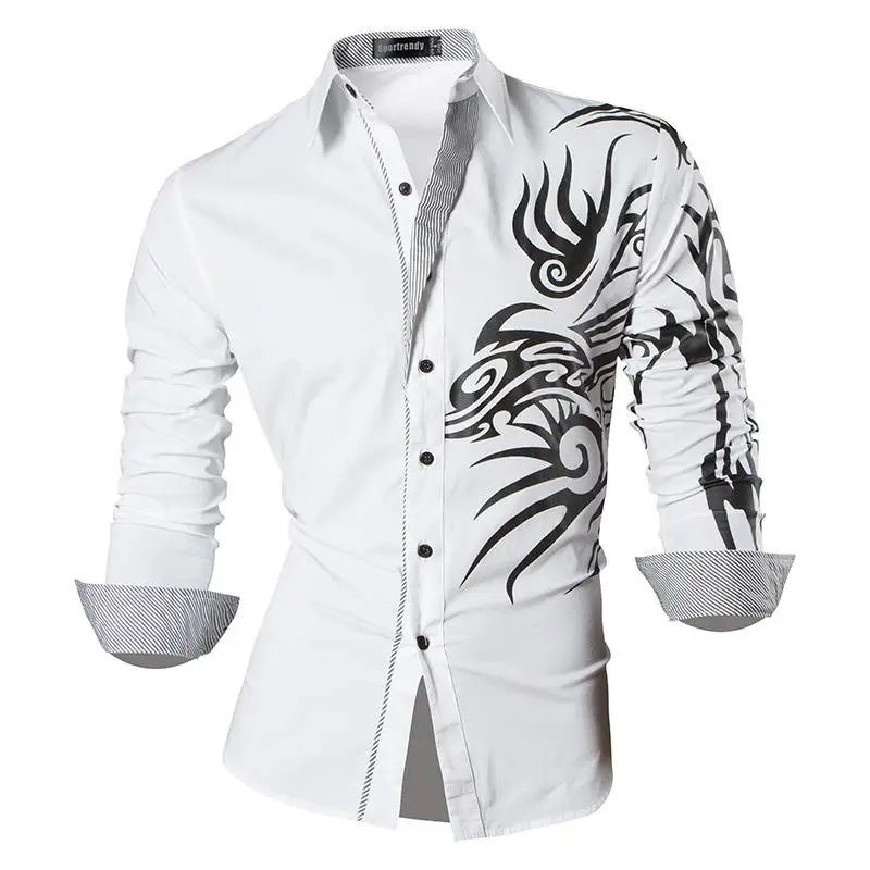 Sportrendy Мужская рубашка платье повседневное с длинным рукавом Slim Fit Мода Дракон