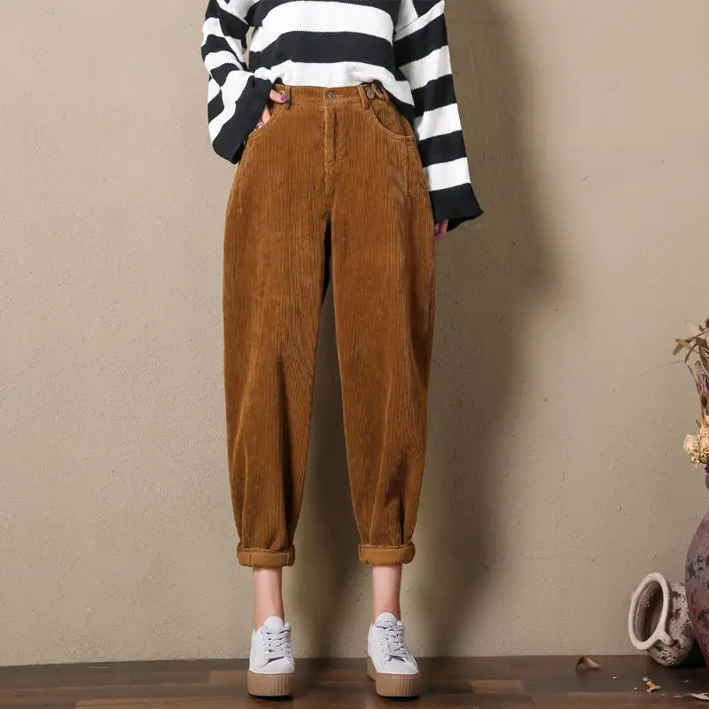 Khaki no velvet Винтажные вельветовые брюки женские брюки свободные шаровары с высокой талией осенние зимние повседневные уличные штаны для мамы Pantalon Femme Q1924 - Цвет: Khaki no velvet