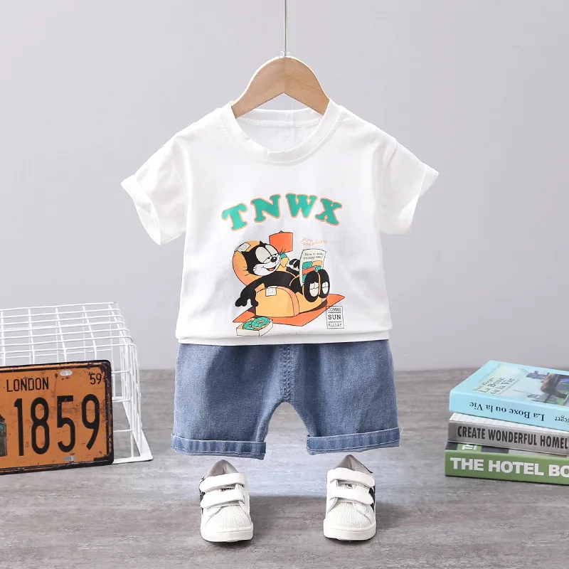 

Baby Girls New Summer Clothing Set Children Cotton Cartoon Short Sleeve T-shirt+denim Shorts Suit Infant Boys Casual Outfits