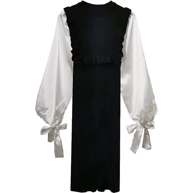 

One-Piece Korean Fashion Lace Up Dress 2021 Early Spring Lotus Leaf Black And White Stitching Lantern Sleeve Women'S Clothing