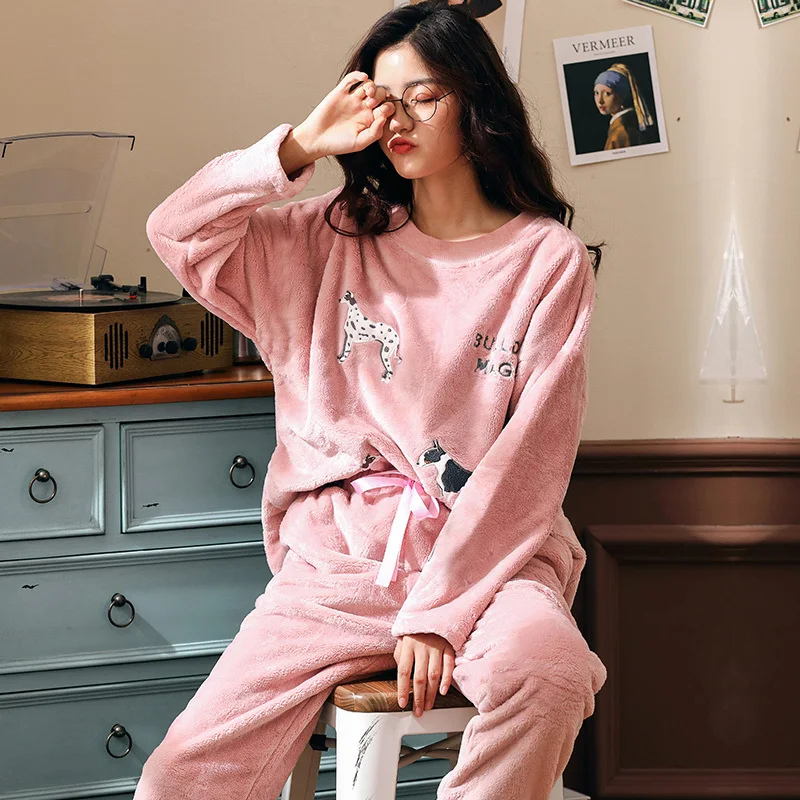 Новый осень-зима Для женщин коралловый флис Пижама комплект с длинным рукавом