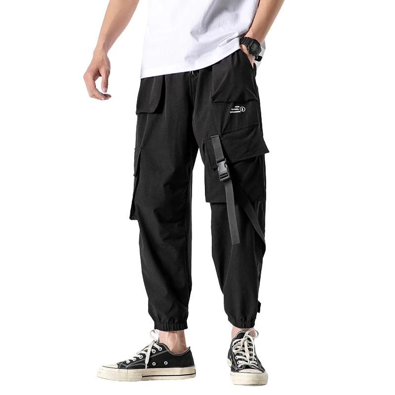 

Men Ribbons Color Block Black Pocket Cargo Pants 2020 Harem Joggers Harajuku Sweatpant Hip Hop Trousers Men Elastic Waist Pants