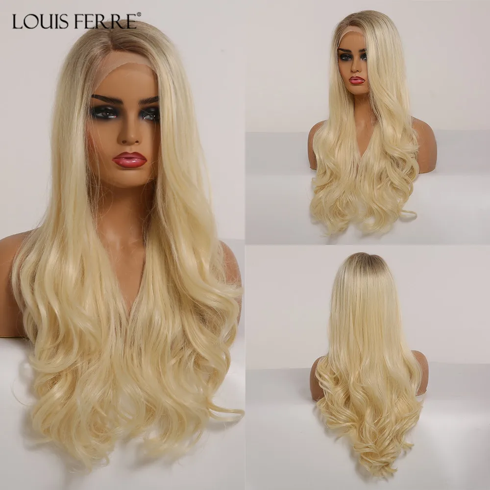 

LOUIS FERRE Ombre Brown Light Blonde Lace Front Wig Long Wavy Cosplay Synthetic Fibre for Woman High Density Daily Lace Wigs