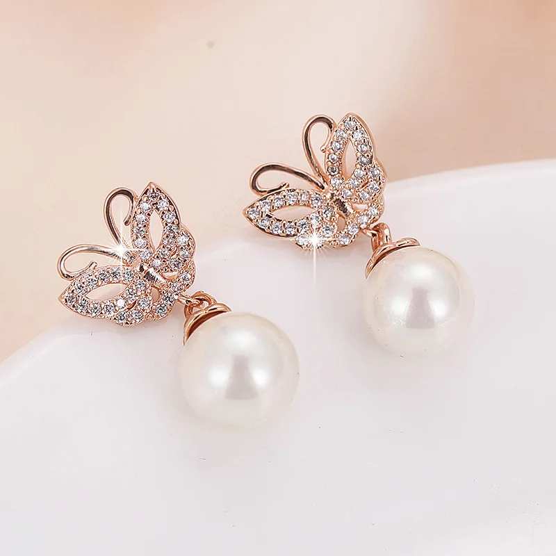 

DE145 Fashion Refined Grace 4A Zircon Butterfly Pearl Earrings Girlfriend Gift Party Banquet Woman Jewelry Earrings 2021