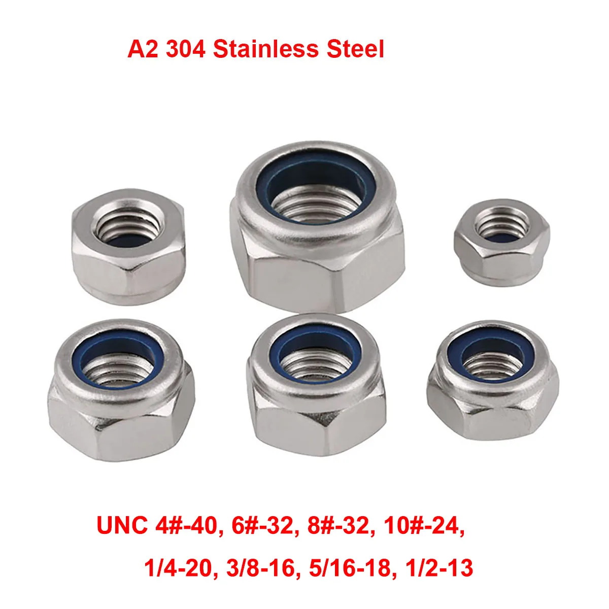 10Pc UNC 4#-40 6#-32 8#-32 10#-24 1/4-20 3/8-16 5/16-18 1/2-13 A2 304 Stainless Steel Nylon Insert Hex Lock Nut Self-Locking Nut