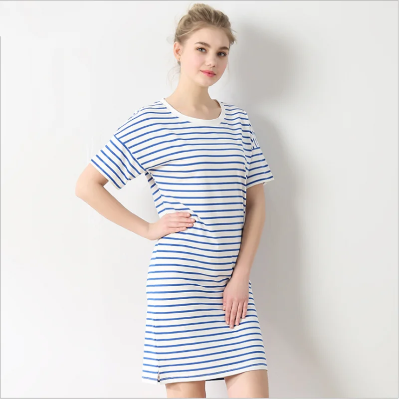 Summer Female Casual striped Nighty dress Ladies Mo Cotton Nightgown Women O-neck collar Short Sleeve Plus size sleepshirt | Женская