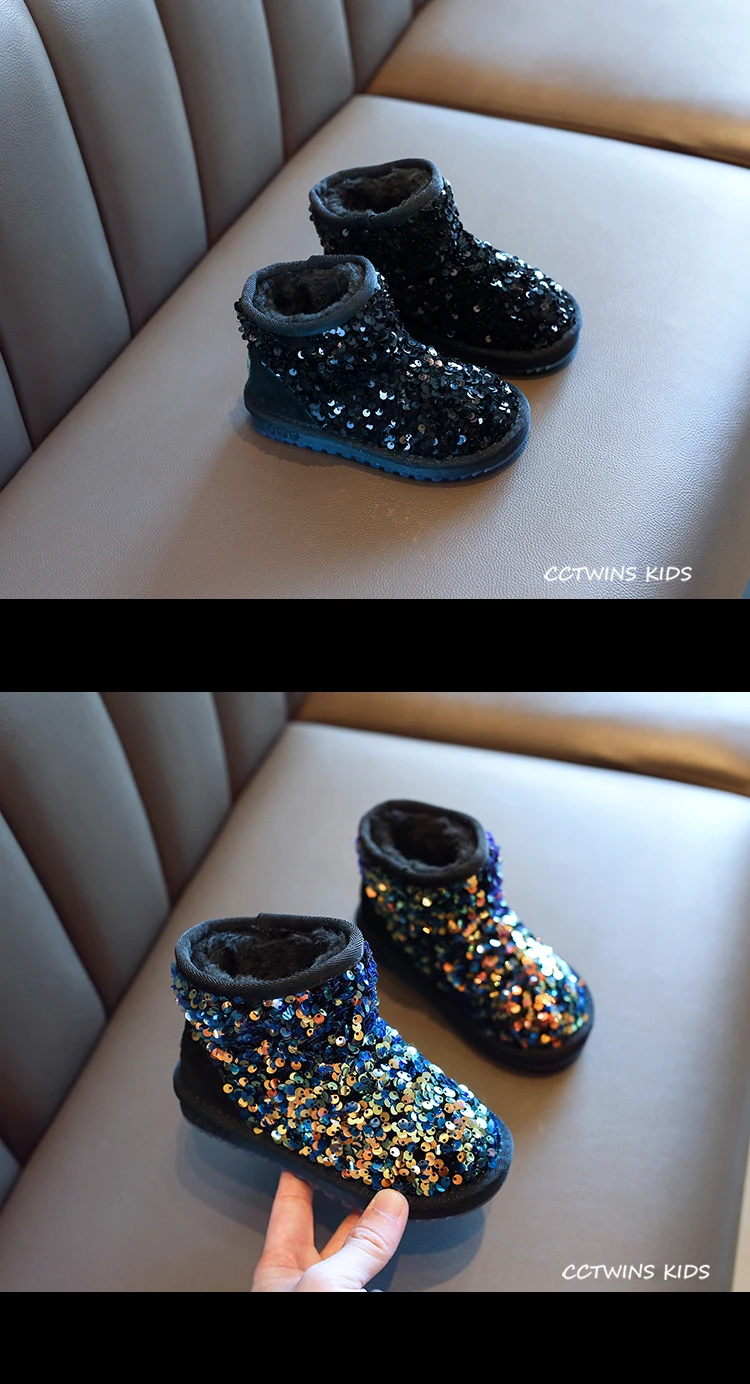 CCTWINS Kids Shoes Winter Girls Fashion Sequin Snow Boots Children Black Sparkly Short Boot for Toddler Glitter Shoe SNB095