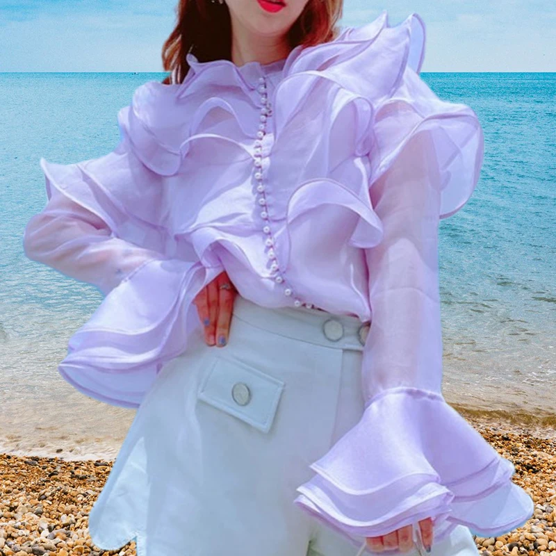 

JSXDHK Fashion Sweet Women Organza Violet Blouses 2020 New Autumn Single Breasted Pearl Layers Ruffles Mesh Loose Shirt Tops