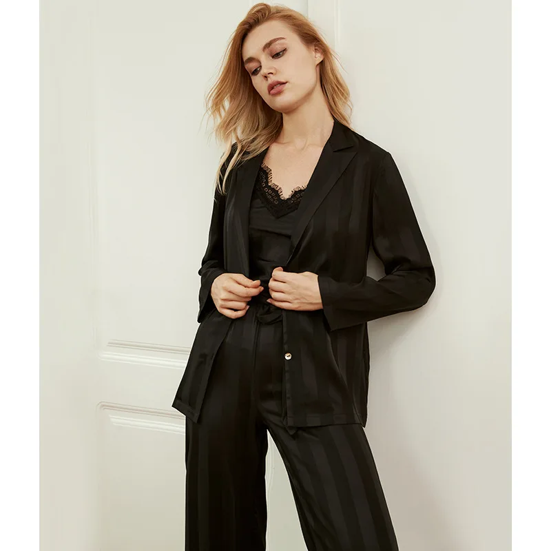 Spring Autumn New Pajamas Women's Spring and Autumn Three Piece Ice Silk Sling Suit Can Be Worn Out Female Pyjamas Sleep Tops