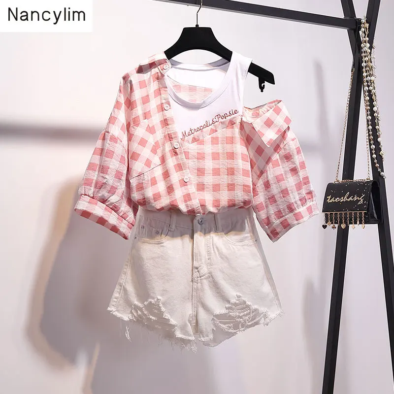 Женский комплект из 2 предметов клетчатая Сексуальная рубашка на плечо и шорты с