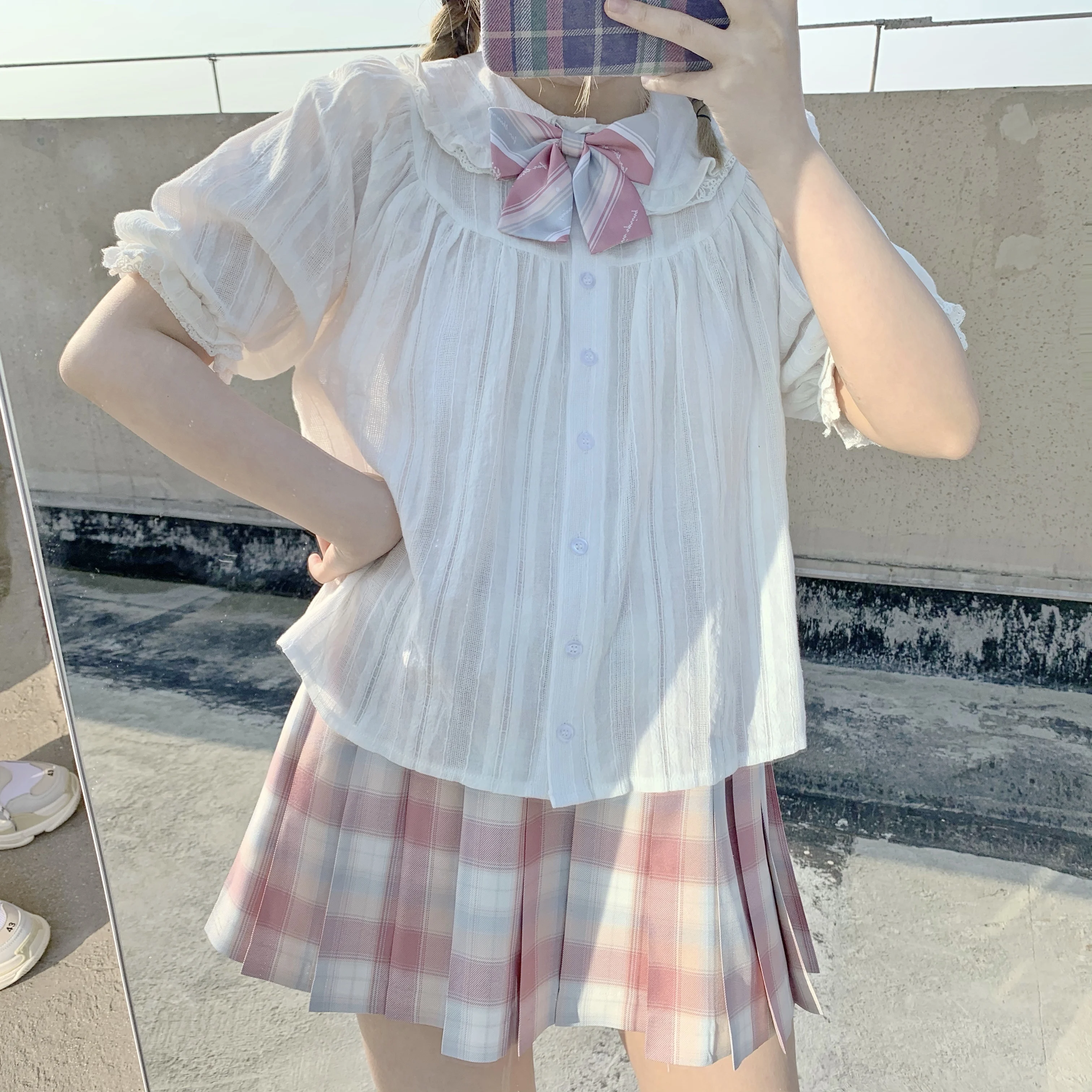 

Japanese Sweet Double-layer Lace Doll collar Puff sleeve Blouse Teen Girls Student Summer New Casual Jacquard Ruffle Shirt Tops