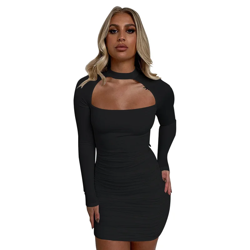 

2023 New Autumn Solid Color Dress Long Sleeves Tight Dress Sexy Night Club Dress For Ladies Europe And America Dress