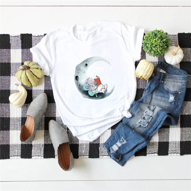 

Plus Size Woman Tshirts 100%Cotton TShirt Women Funny Moon Print T Shirt O Neck Short Sleeve Tees Summer Clothes for Women S-5XL