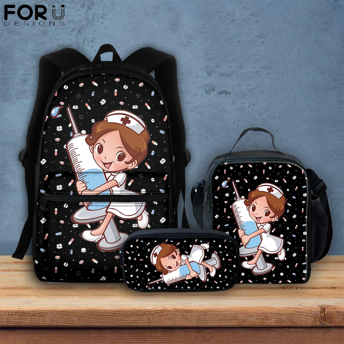 

FORUDESIGNS Cartoon Nurse EMT Print Student Backpack Set Canvas School Bookbags for Teen Girls Daypack Bolsa Back to School Gift