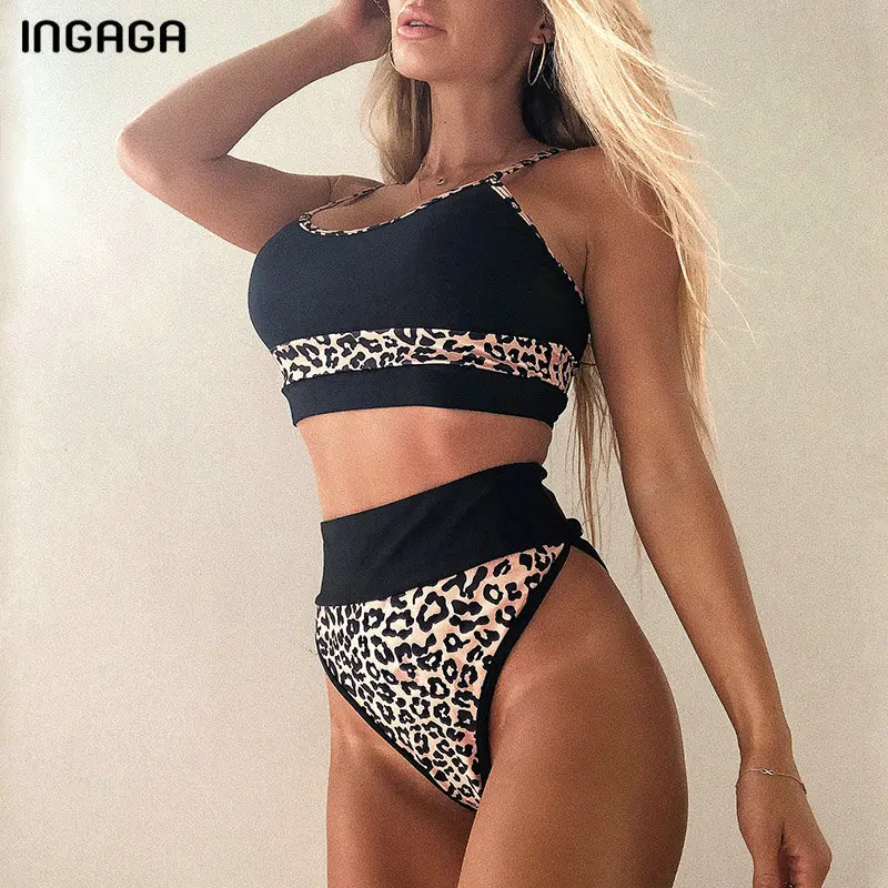 INGAGA Sexy Bikinis Women's Swimsuits High Waist Biquini Swimwear Push Up Bathers Bathing Suits 2021 Leopard Patchwork Beachwear