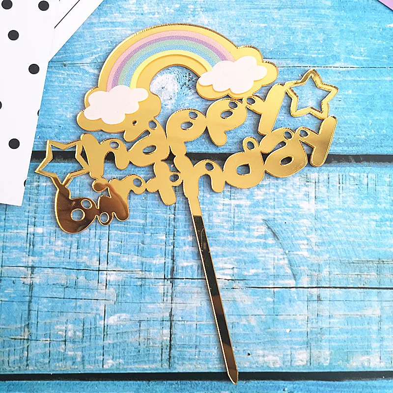 

Happy Birthday Cake Topper Baking Rainbow Cartoon Cake Decoration Acrylic Rainbow Hot Air Balloon Birthday Party Supplies