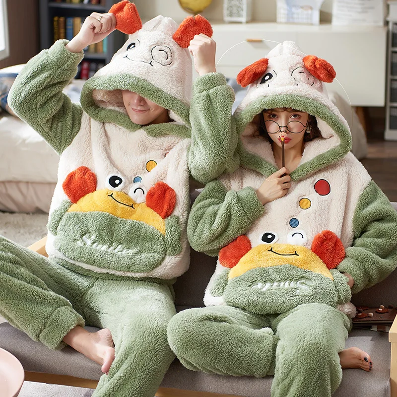 

2021 New Flannel Pajama Pants 2 Pieces/Set winter couple thickened suit men and women coral fleece cartoon velvet homewear