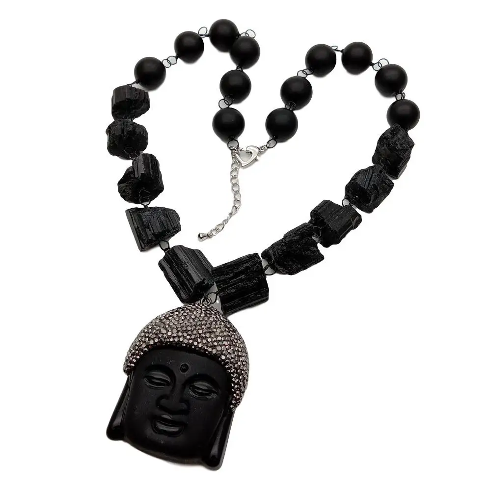 

21'' Natural Black Tourmaline Rough Necklace Matte Onyx Buddha Pendant religous style choker necklace for women jewelry